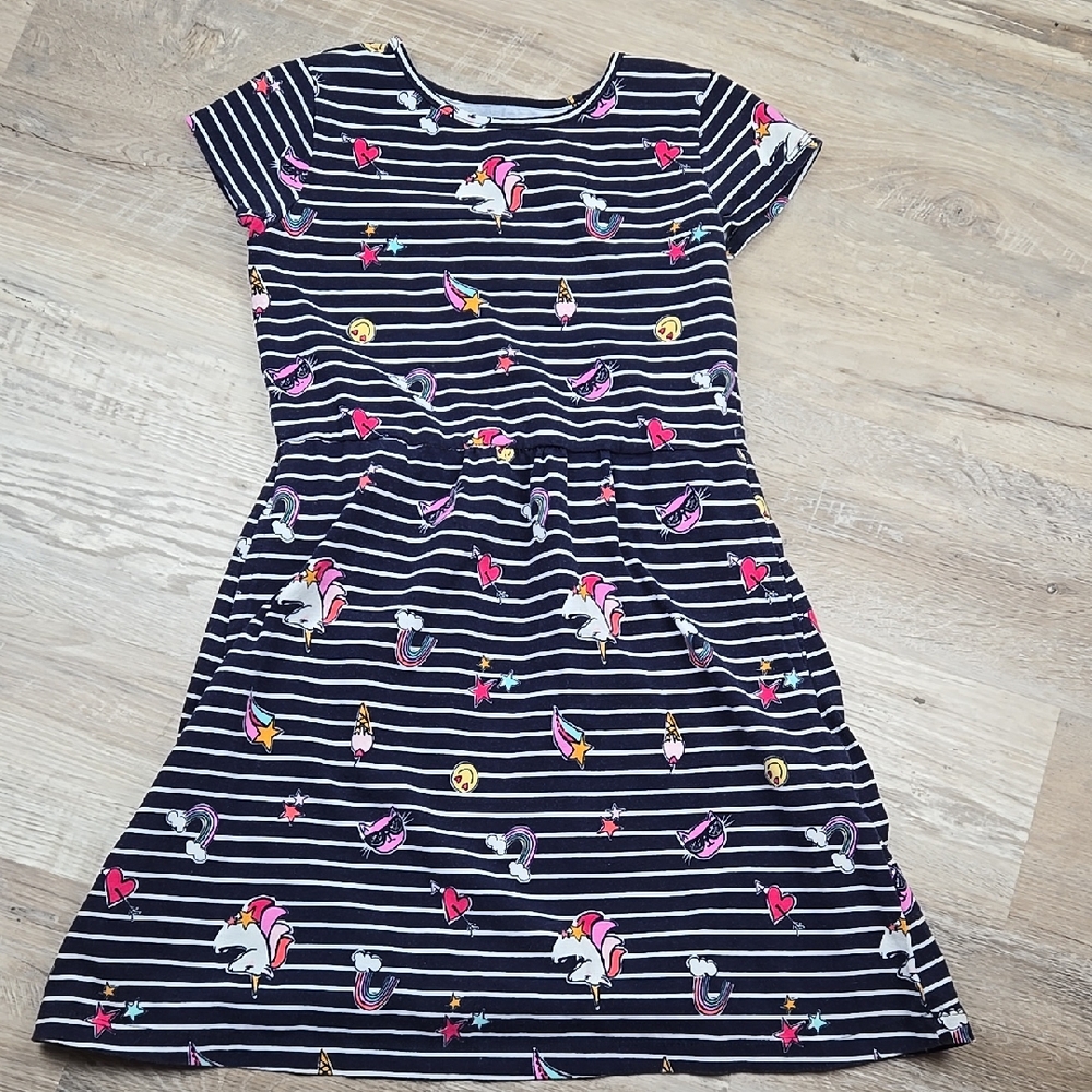 Rumi+ryder Girls M 8-10 Unicorn Striped Dress - Navy and Pink Cat Rainbow Star
